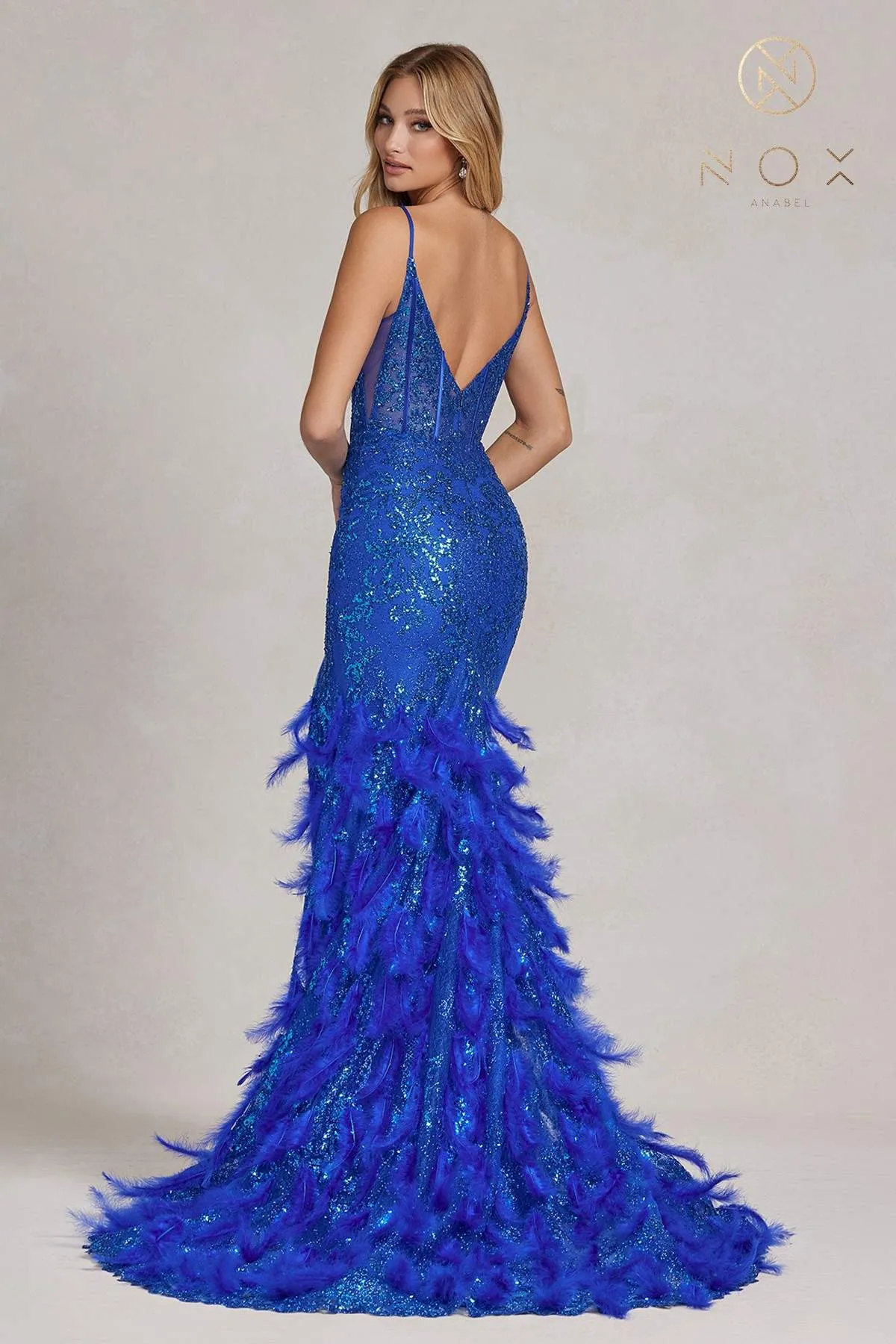 Nox Anabel C1119 Long Feather Fringed Mermaid Gown with Slit