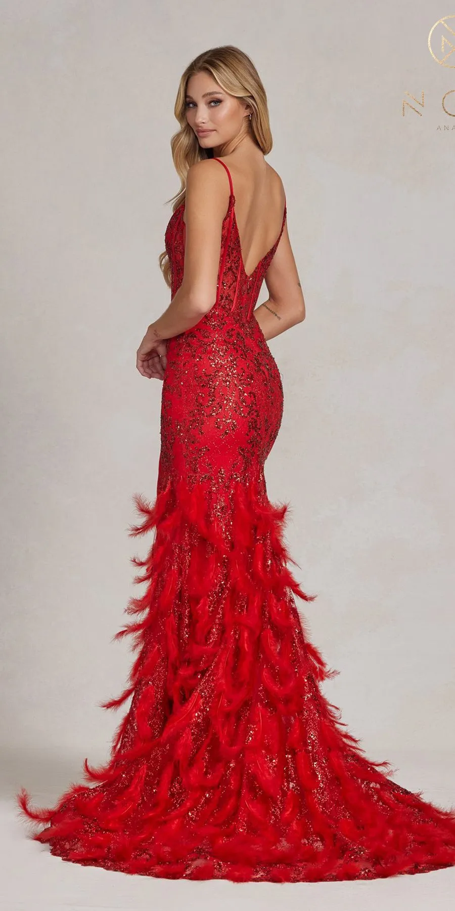 Nox Anabel C1119 Long Feather Fringed Mermaid Gown with Slit
