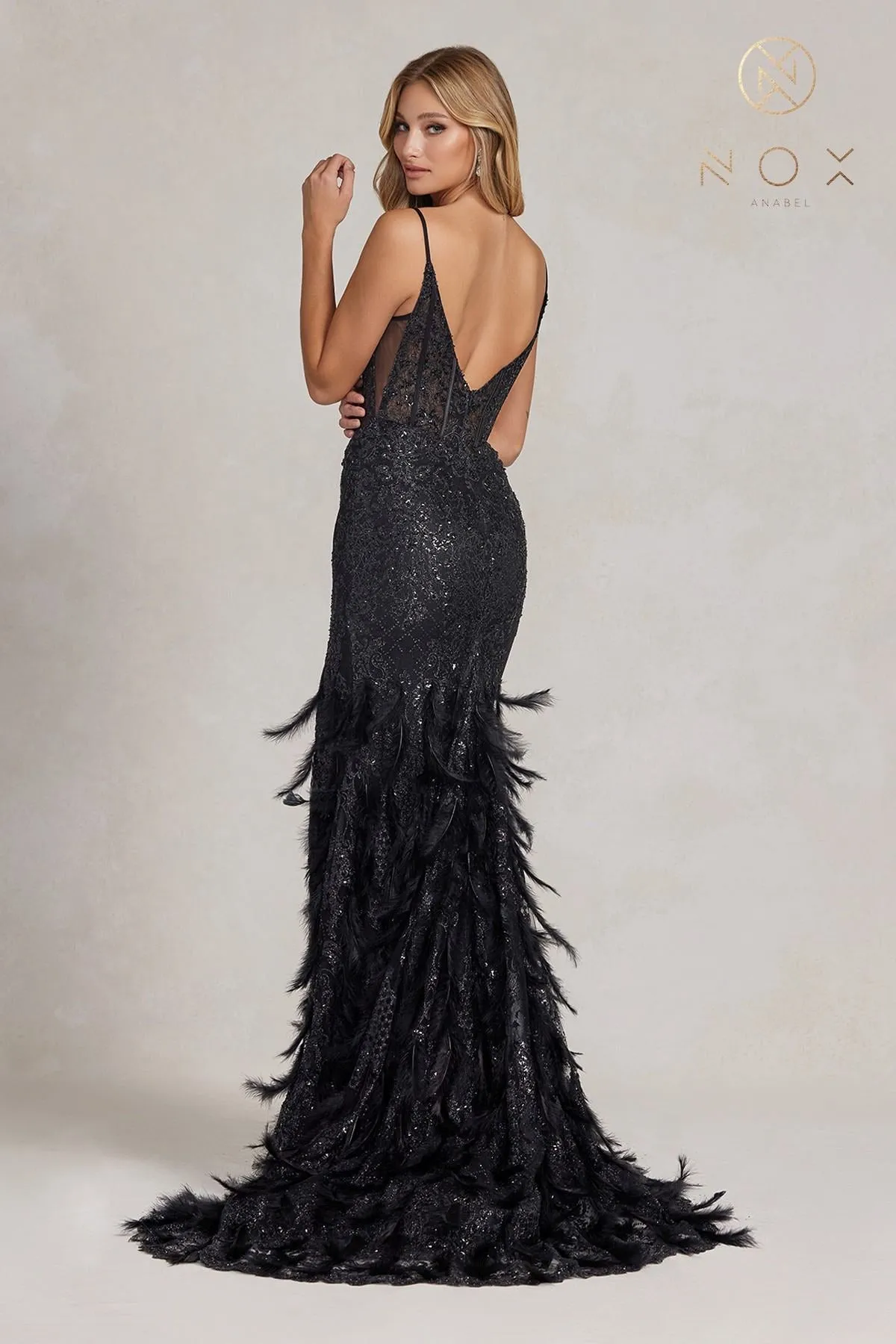 Nox Anabel C1119 Long Feather Fringed Mermaid Gown with Slit