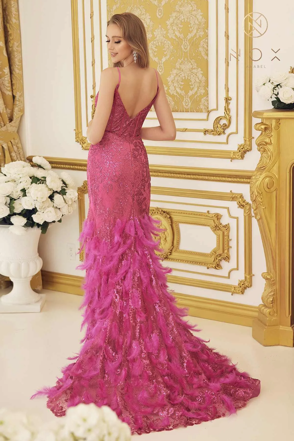 Nox Anabel C1119 Long Feather Fringed Mermaid Gown with Slit