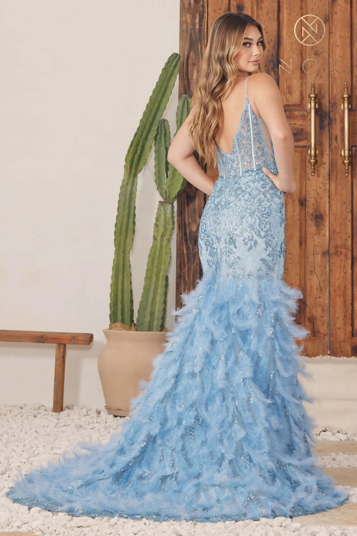 Nox Anabel C1119 Long Feather Fringed Mermaid Gown with Slit