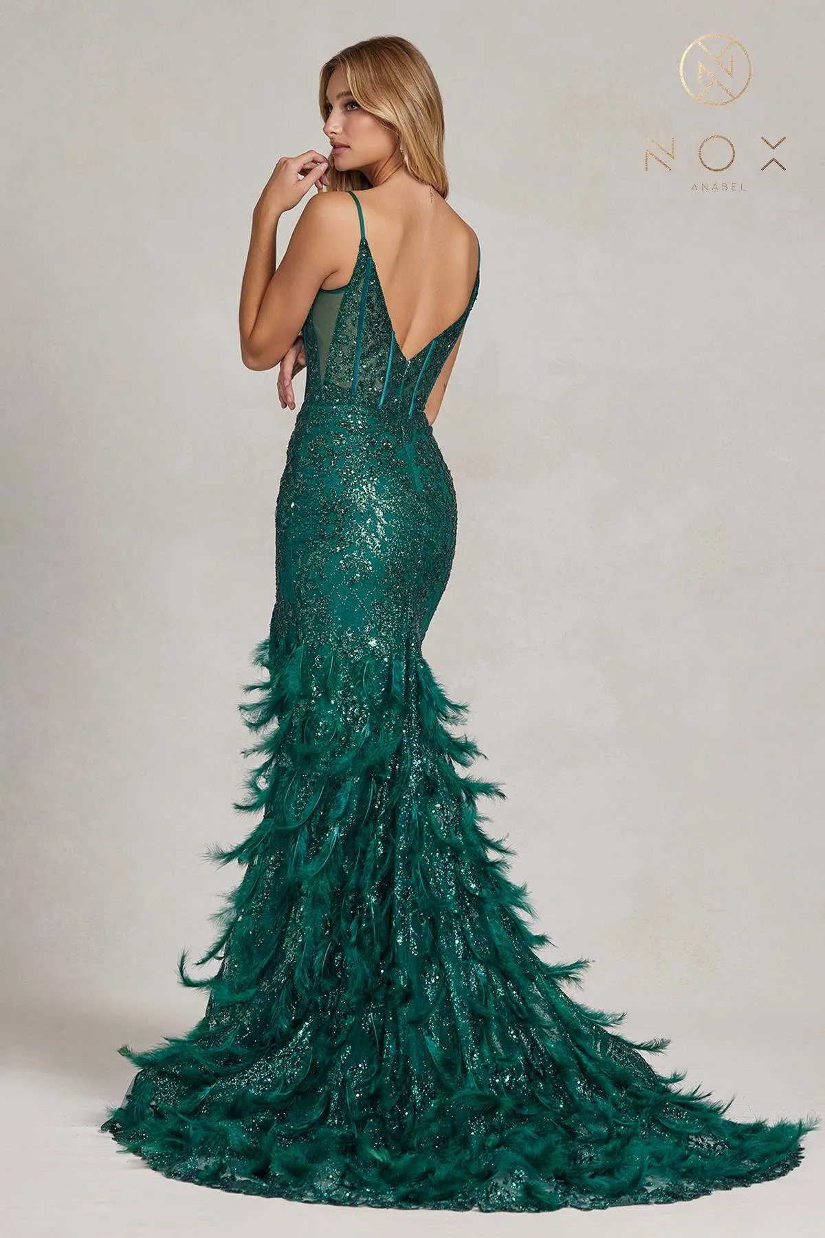 Nox Anabel C1119 Long Feather Fringed Mermaid Gown with Slit