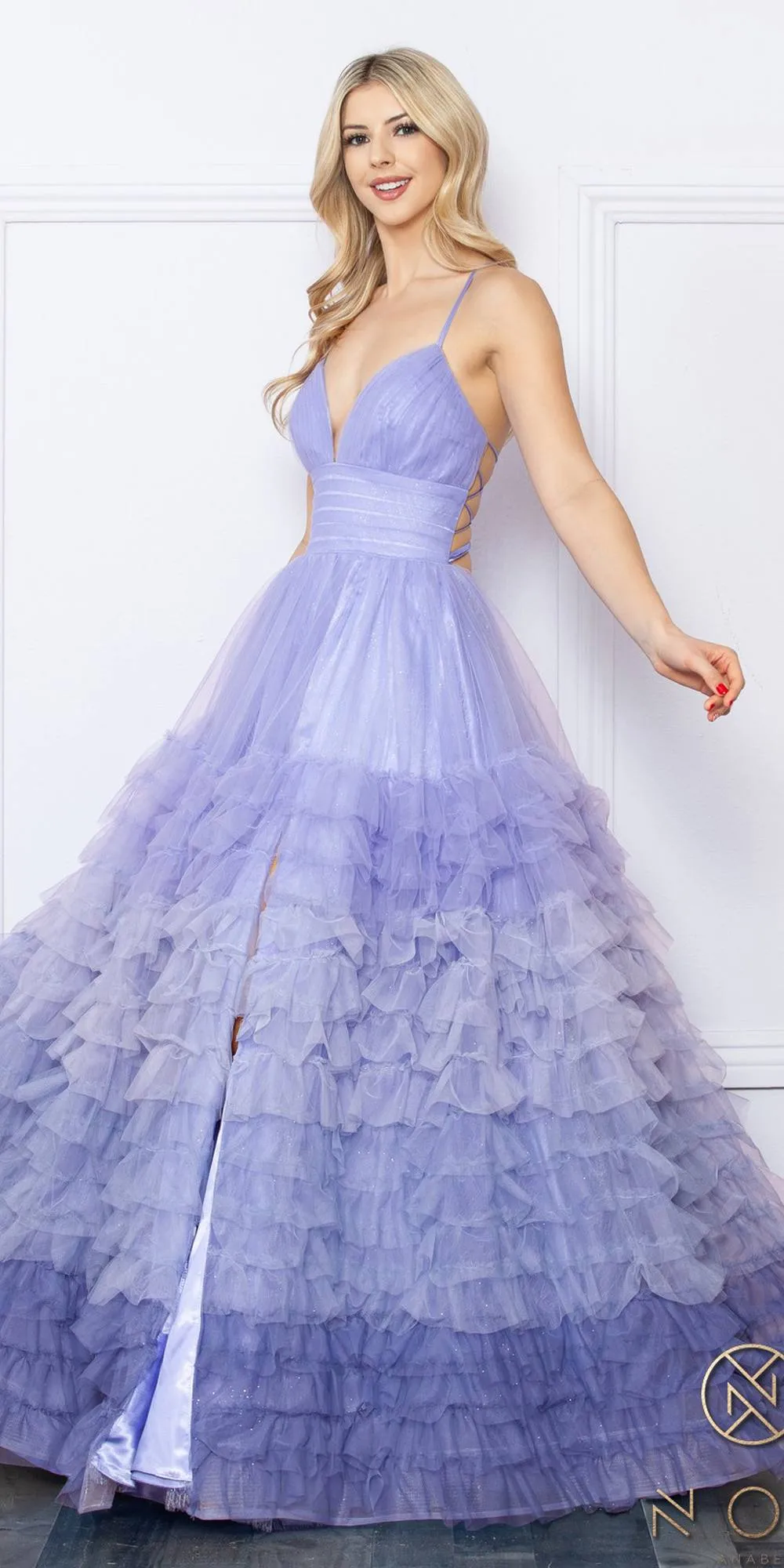 Nox Anabel C1420 Long Ombre Tiered Ruffled Skirt A-Line Slit Gown