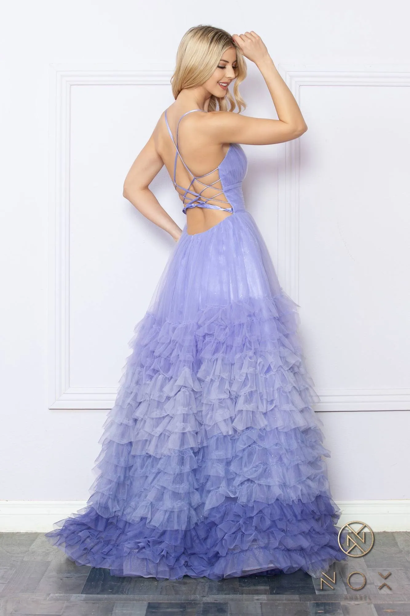 Nox Anabel C1420 Long Ombre Tiered Ruffled Skirt A-Line Slit Gown