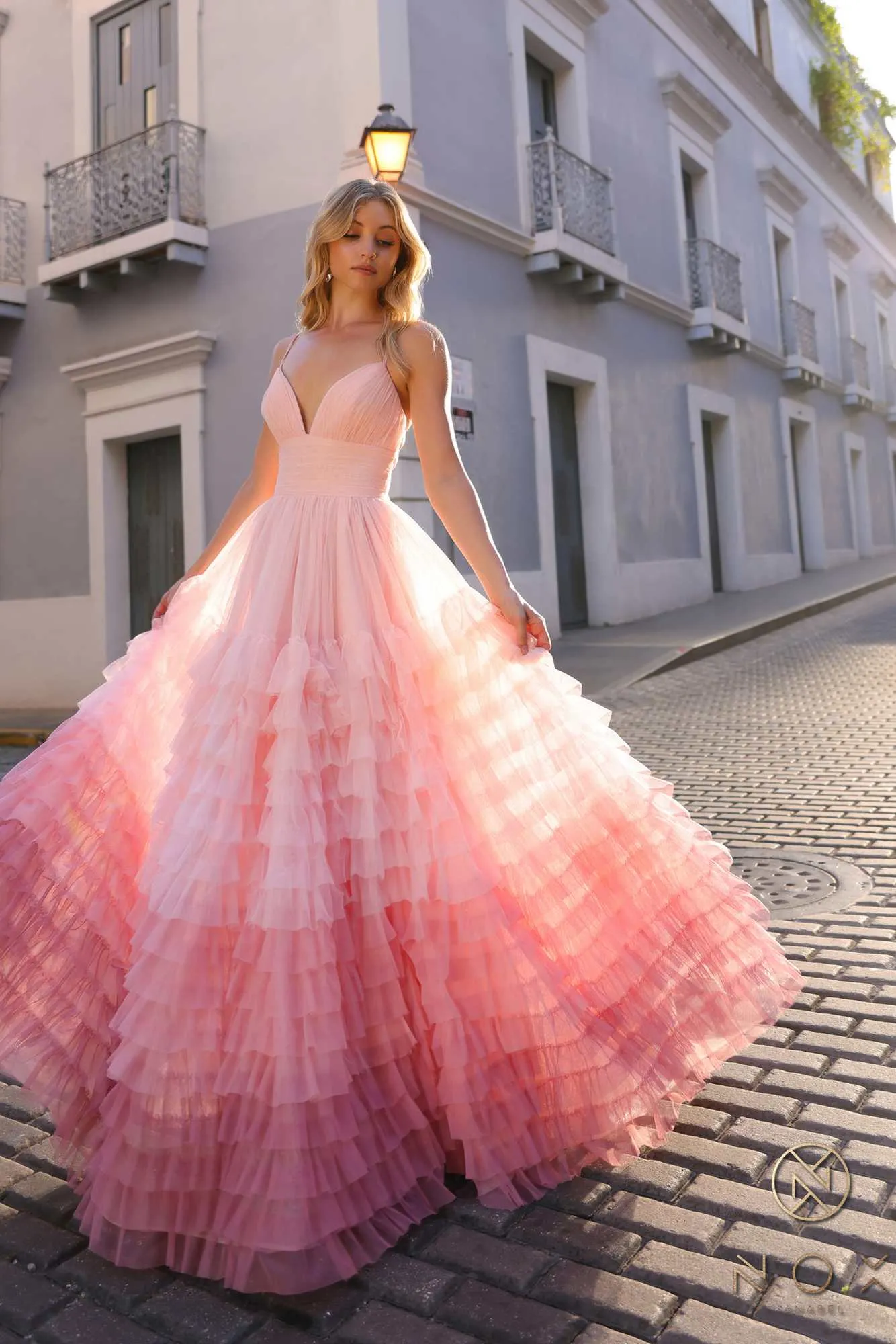 Nox Anabel C1420 Long Ombre Tiered Ruffled Skirt A-Line Slit Gown