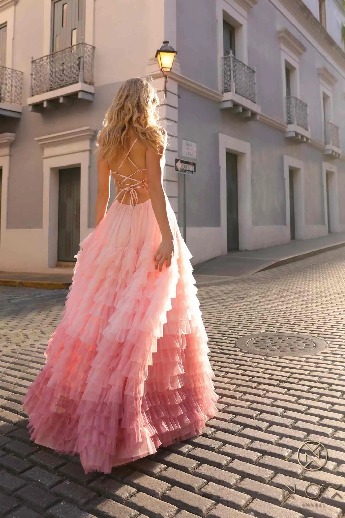 Nox Anabel C1420 Long Ombre Tiered Ruffled Skirt A-Line Slit Gown