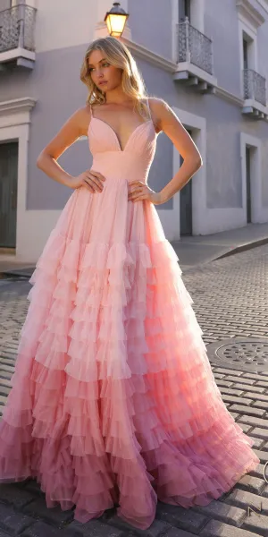 Nox Anabel C1420 Long Ombre Tiered Ruffled Skirt A-Line Slit Gown