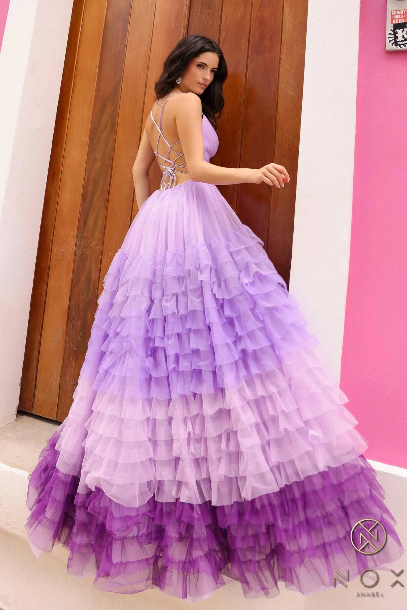 Nox Anabel C1420 Long Ombre Tiered Ruffled Skirt A-Line Slit Gown