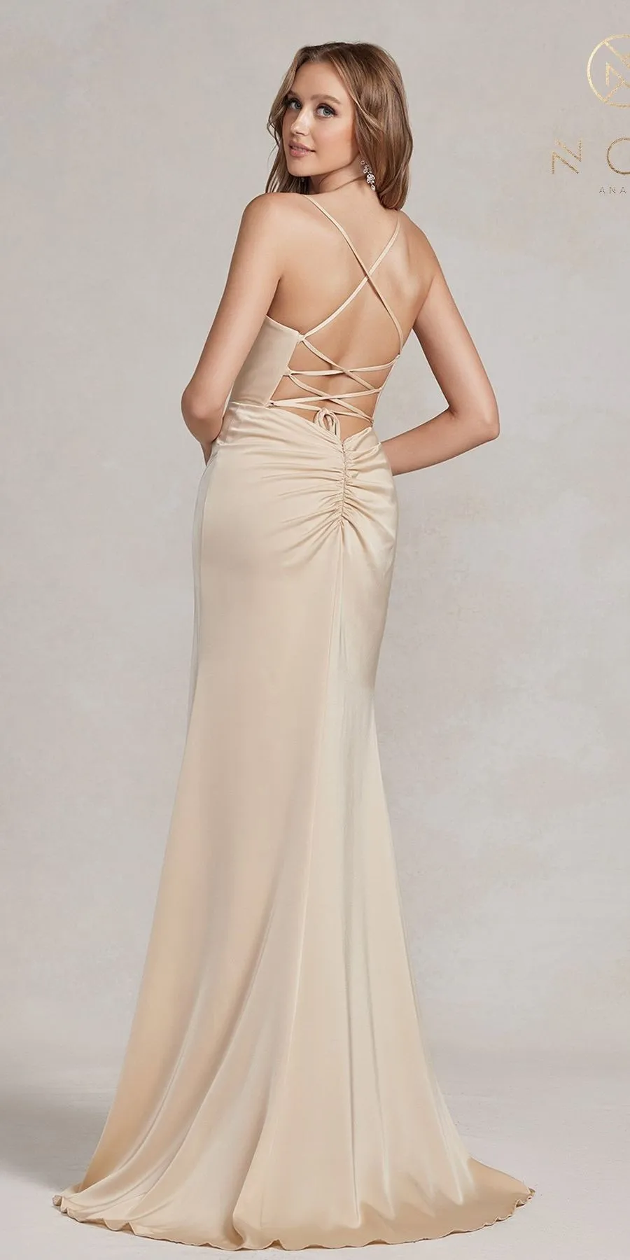 Nox Anabel E1068 Long Fitted Satin Formal Gown with Cowl Neckline