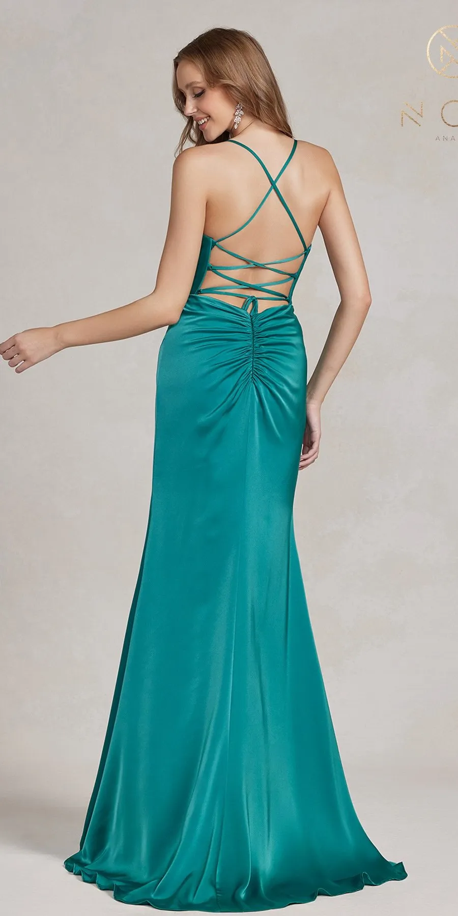 Nox Anabel E1068 Long Fitted Satin Formal Gown with Cowl Neckline