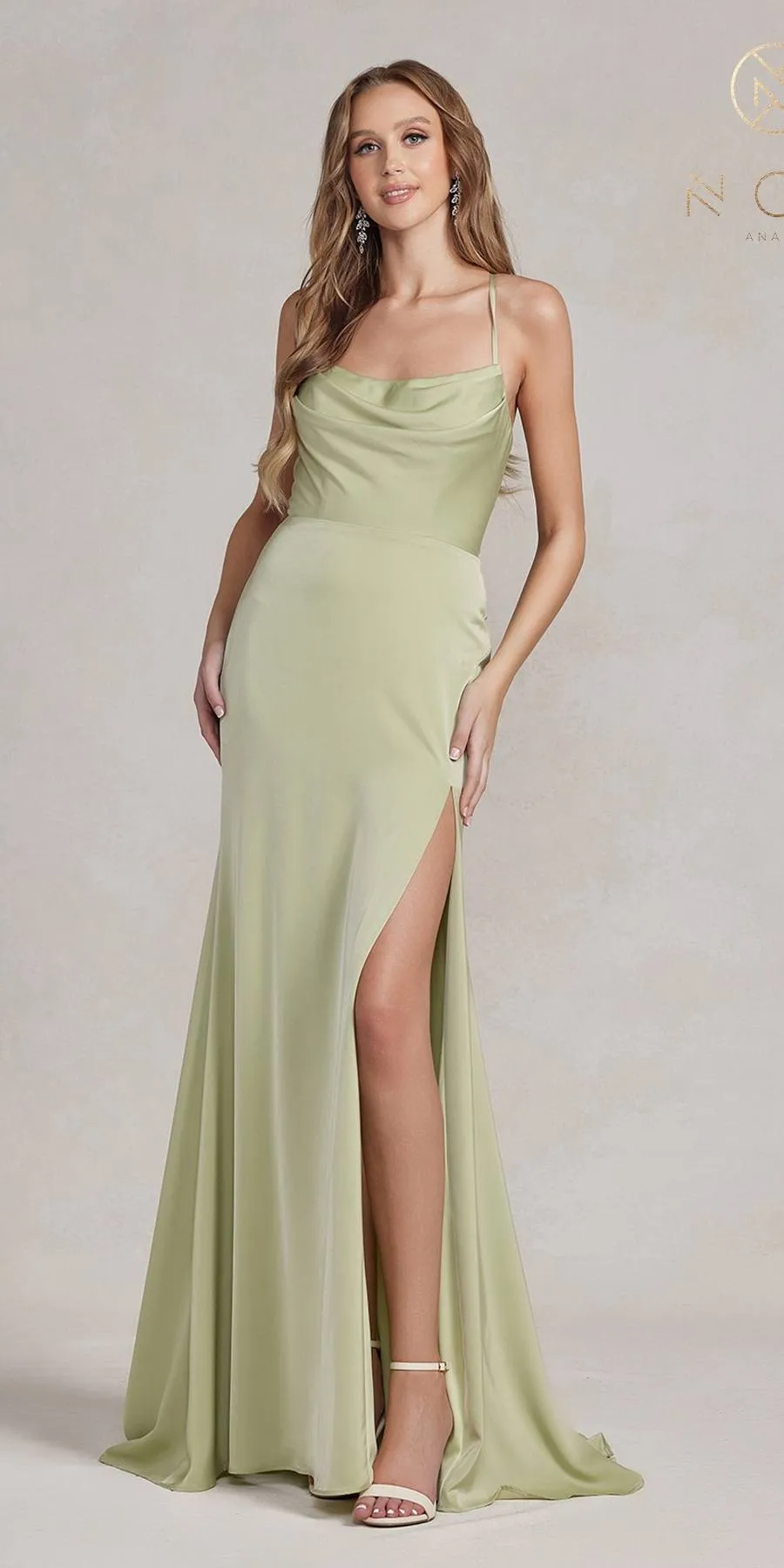 Nox Anabel E1068 Long Fitted Satin Formal Gown with Cowl Neckline