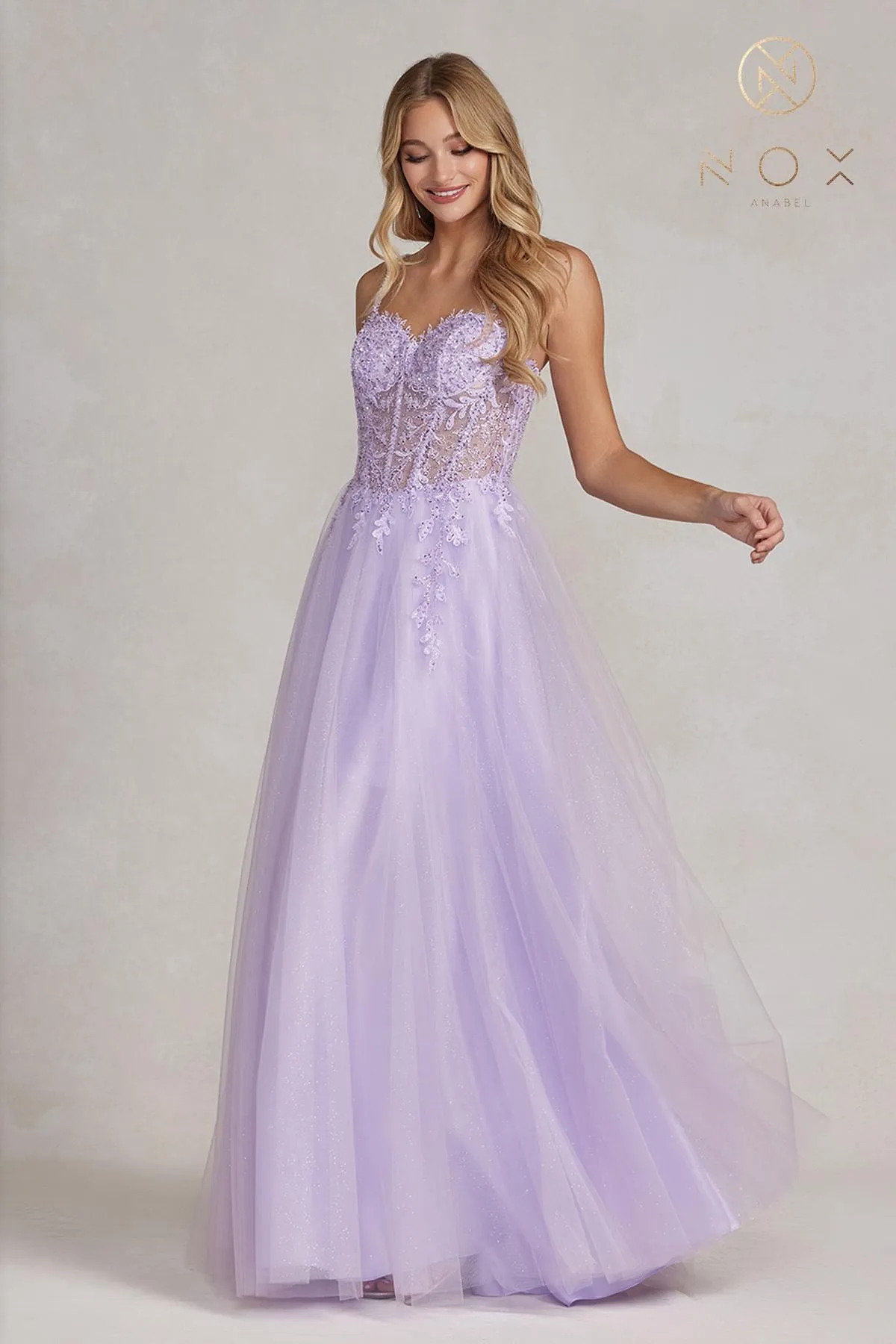 Nox Anabel F1087 Floor Length Glitter Tulle A-Line Ball Gown