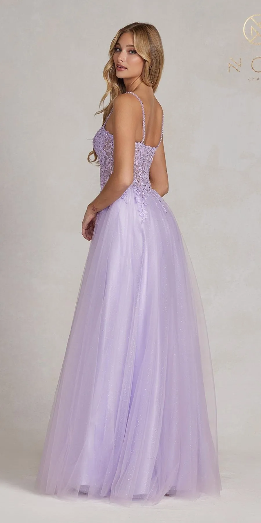 Nox Anabel F1087 Floor Length Glitter Tulle A-Line Ball Gown