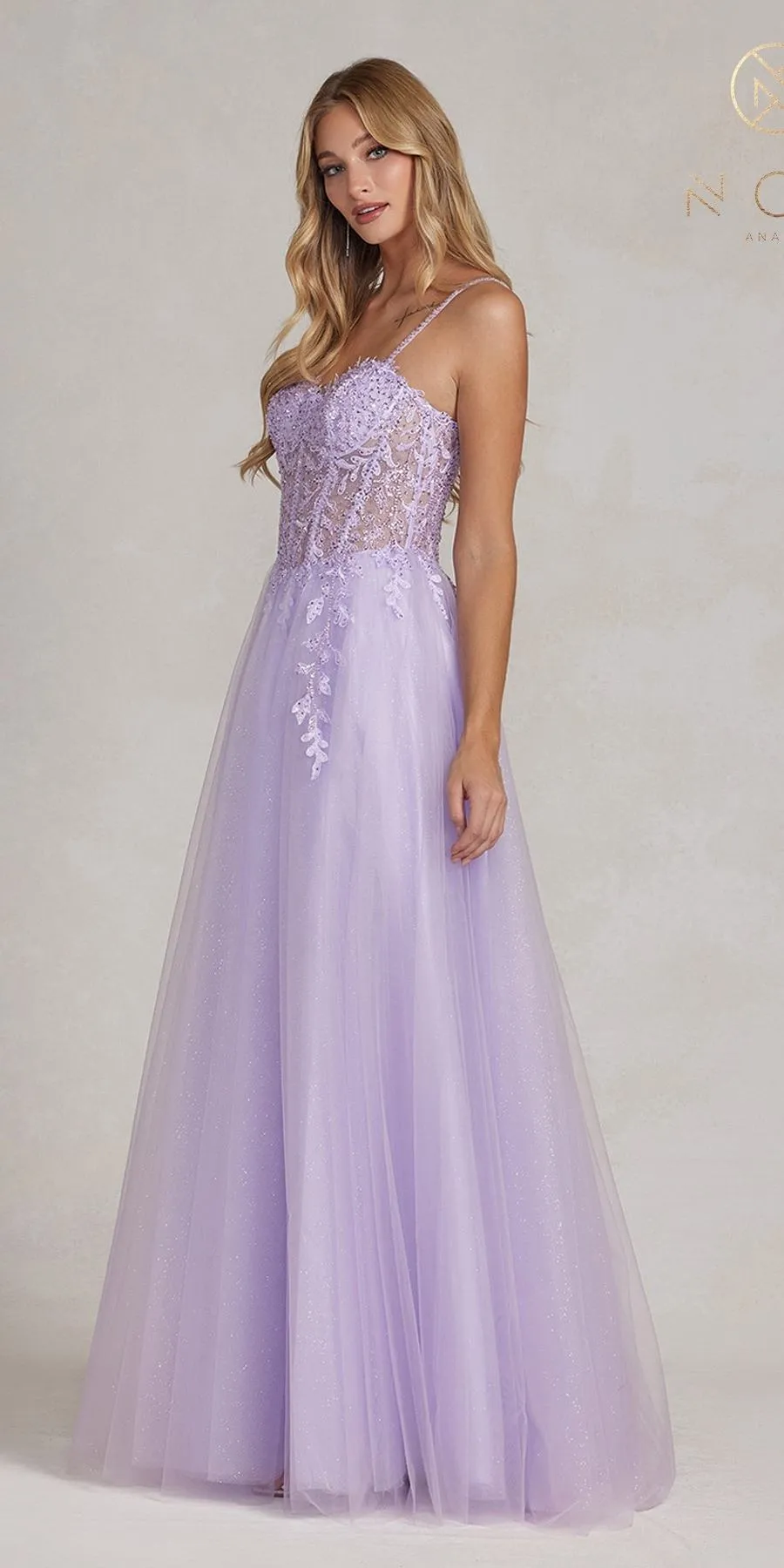 Nox Anabel F1087 Floor Length Glitter Tulle A-Line Ball Gown
