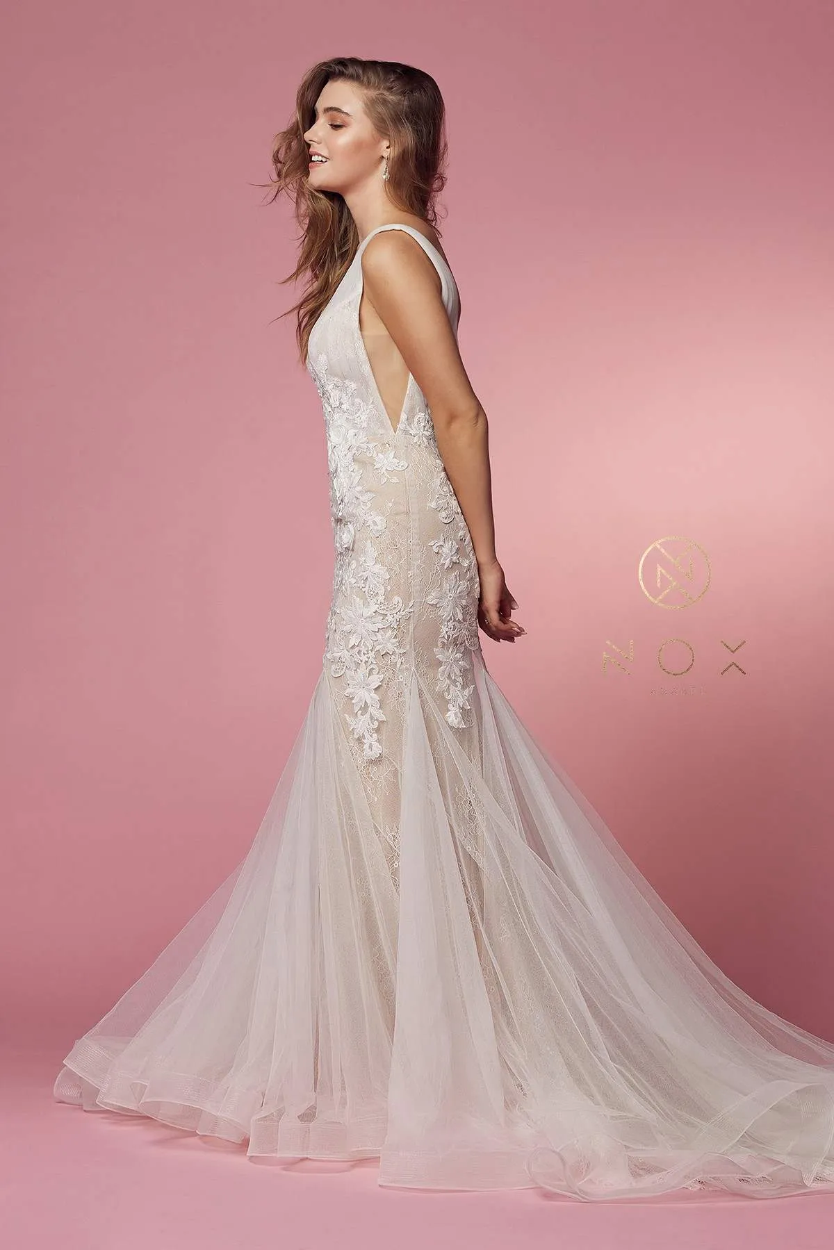 Nox Anabel JE917 V-Neck Mermaid Dress Lace and Tulle Skirt