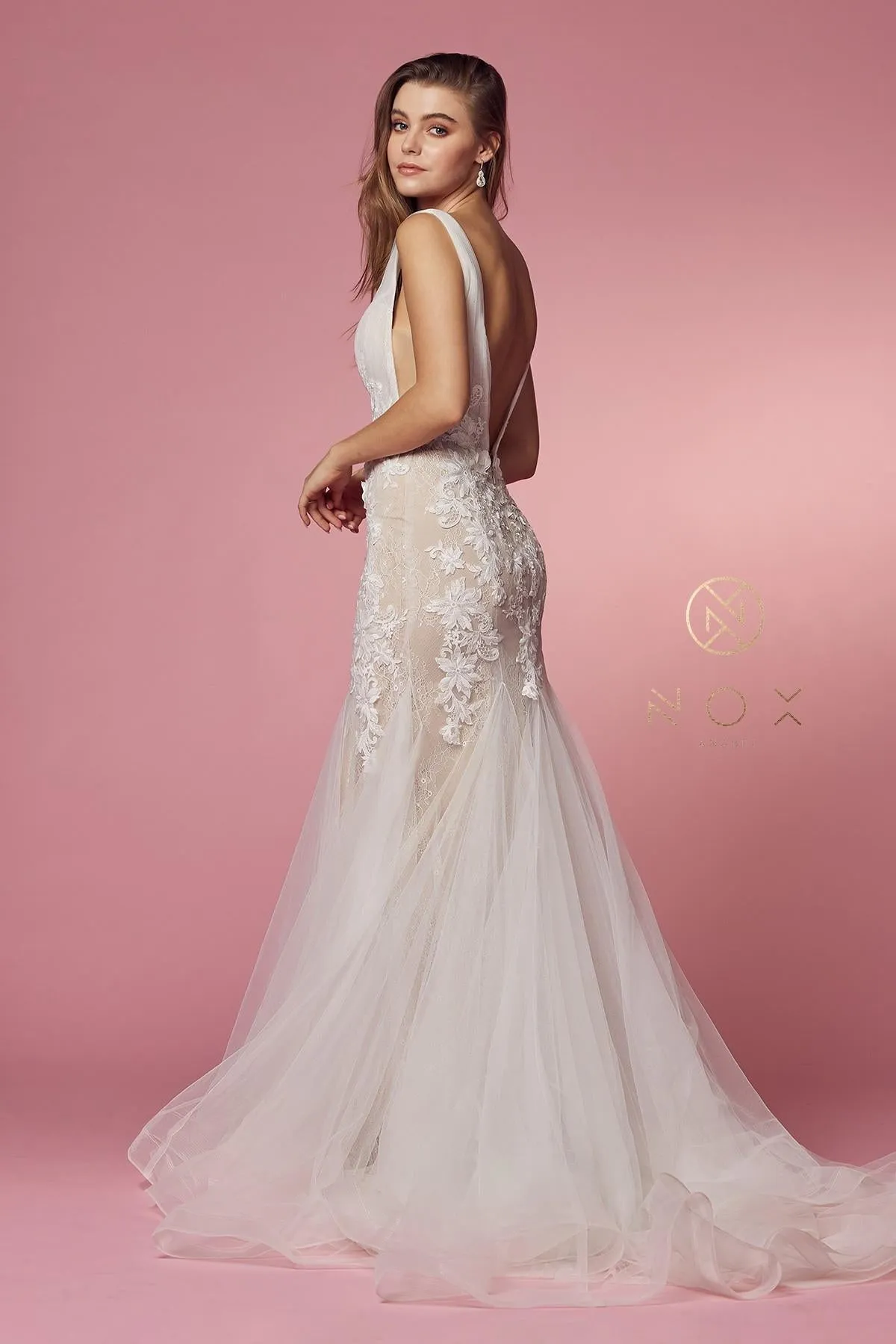 Nox Anabel JE917 V-Neck Mermaid Dress Lace and Tulle Skirt