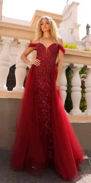 Nox Anabel L1362 Long Cold Shoulder Applique Tulle Overskirt Gown
