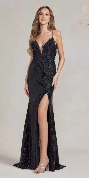 Nox Anabel R1207 Floor Length Fitted Sheath Sequin Gown Corset Back