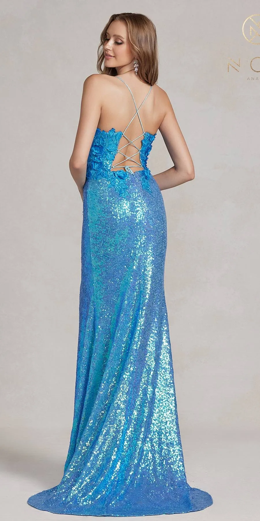 Nox Anabel R1207 Floor Length Fitted Sheath Sequin Gown Corset Back