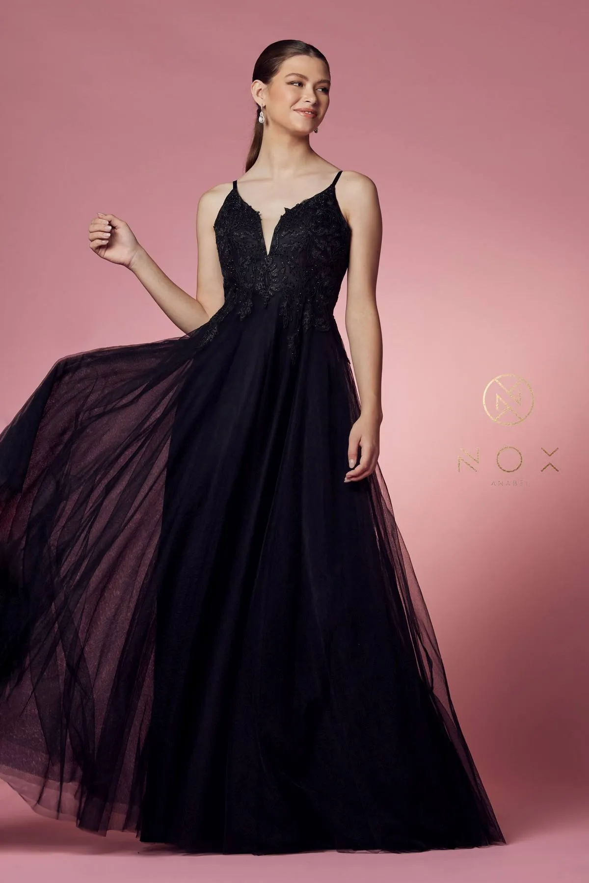 Nox Anabel R357 Plunging Deep V Neckline Leaf Lace Embroidered Gown