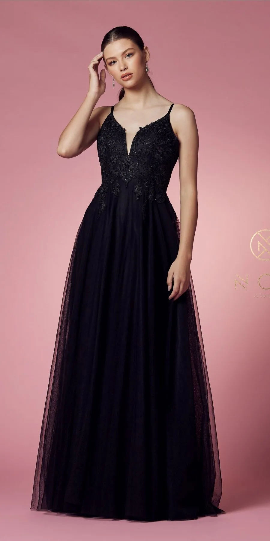 Nox Anabel R357 Plunging Deep V Neckline Leaf Lace Embroidered Gown