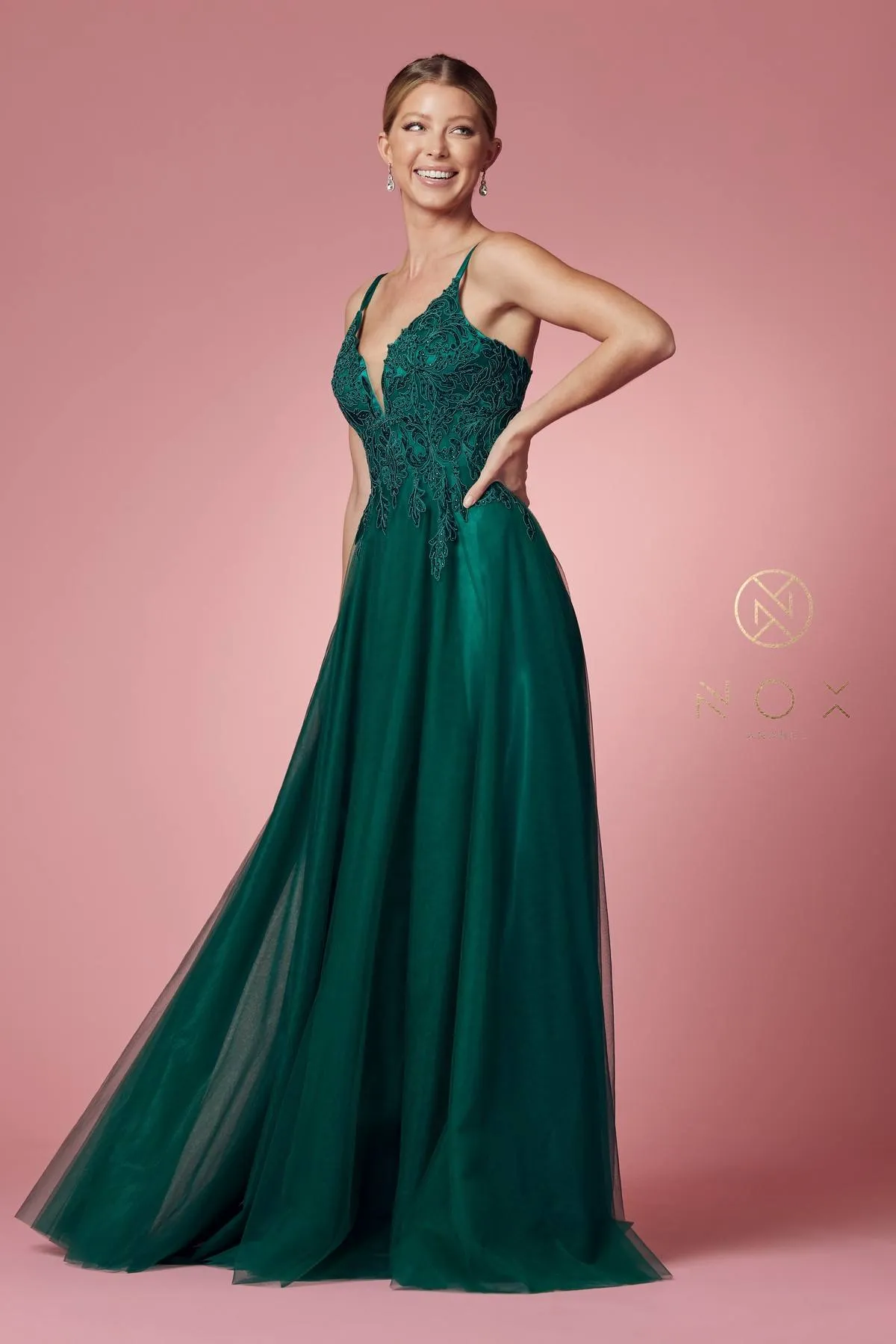 Nox Anabel R357 Plunging Deep V Neckline Leaf Lace Embroidered Gown