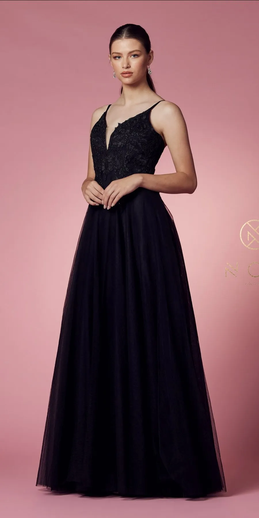 Nox Anabel R357 Plunging Deep V Neckline Leaf Lace Embroidered Gown