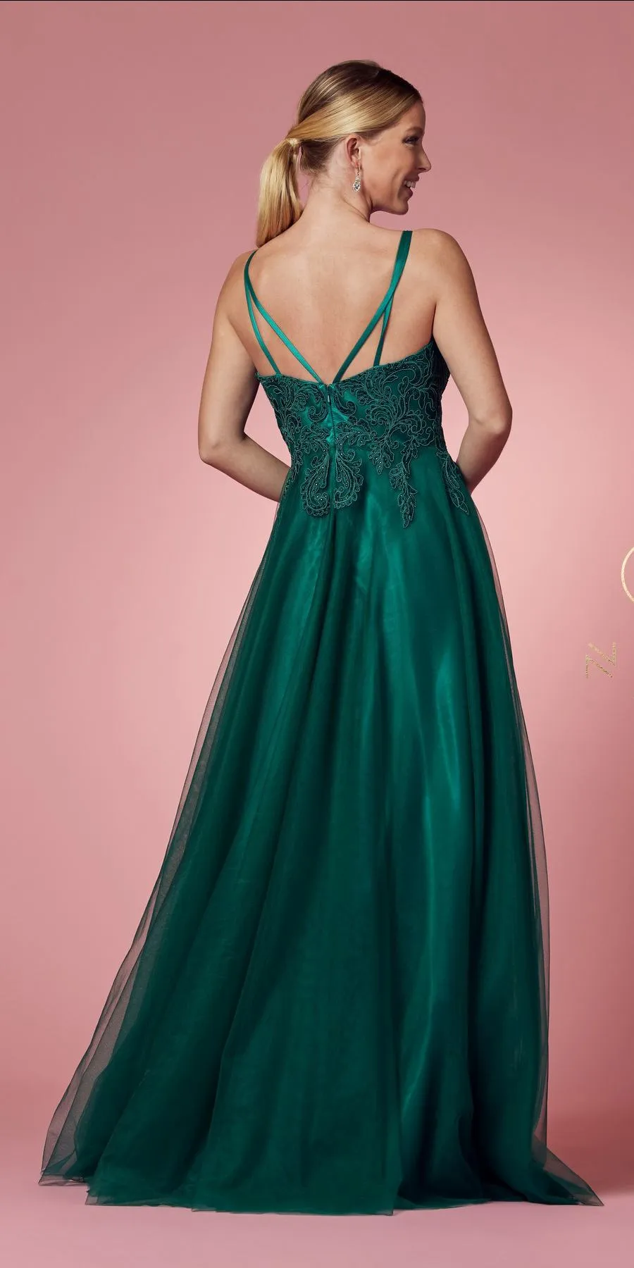 Nox Anabel R357 Plunging Deep V Neckline Leaf Lace Embroidered Gown