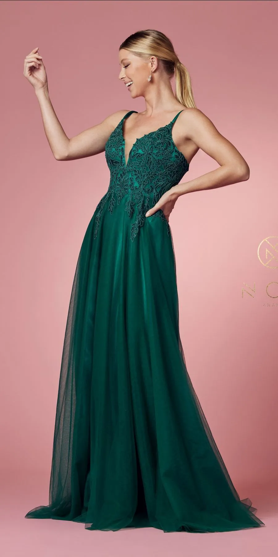Nox Anabel R357 Plunging Deep V Neckline Leaf Lace Embroidered Gown