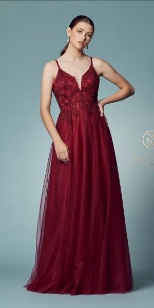 Nox Anabel R357 Plunging Deep V Neckline Leaf Lace Embroidered Gown
