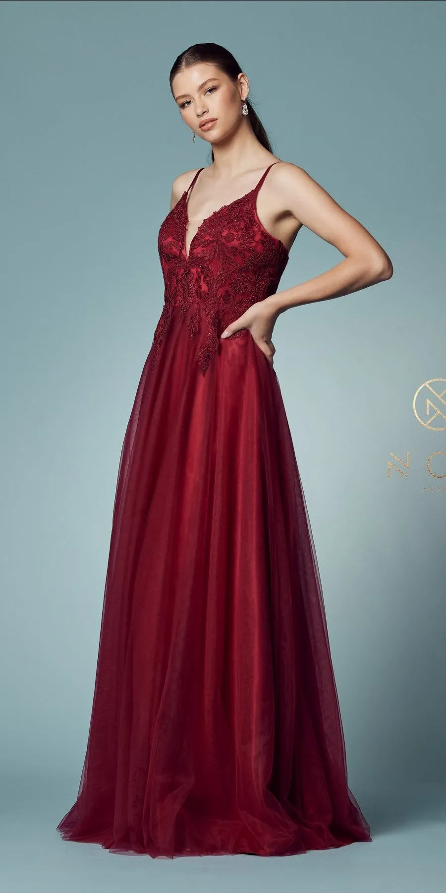 Nox Anabel R357 Plunging Deep V Neckline Leaf Lace Embroidered Gown