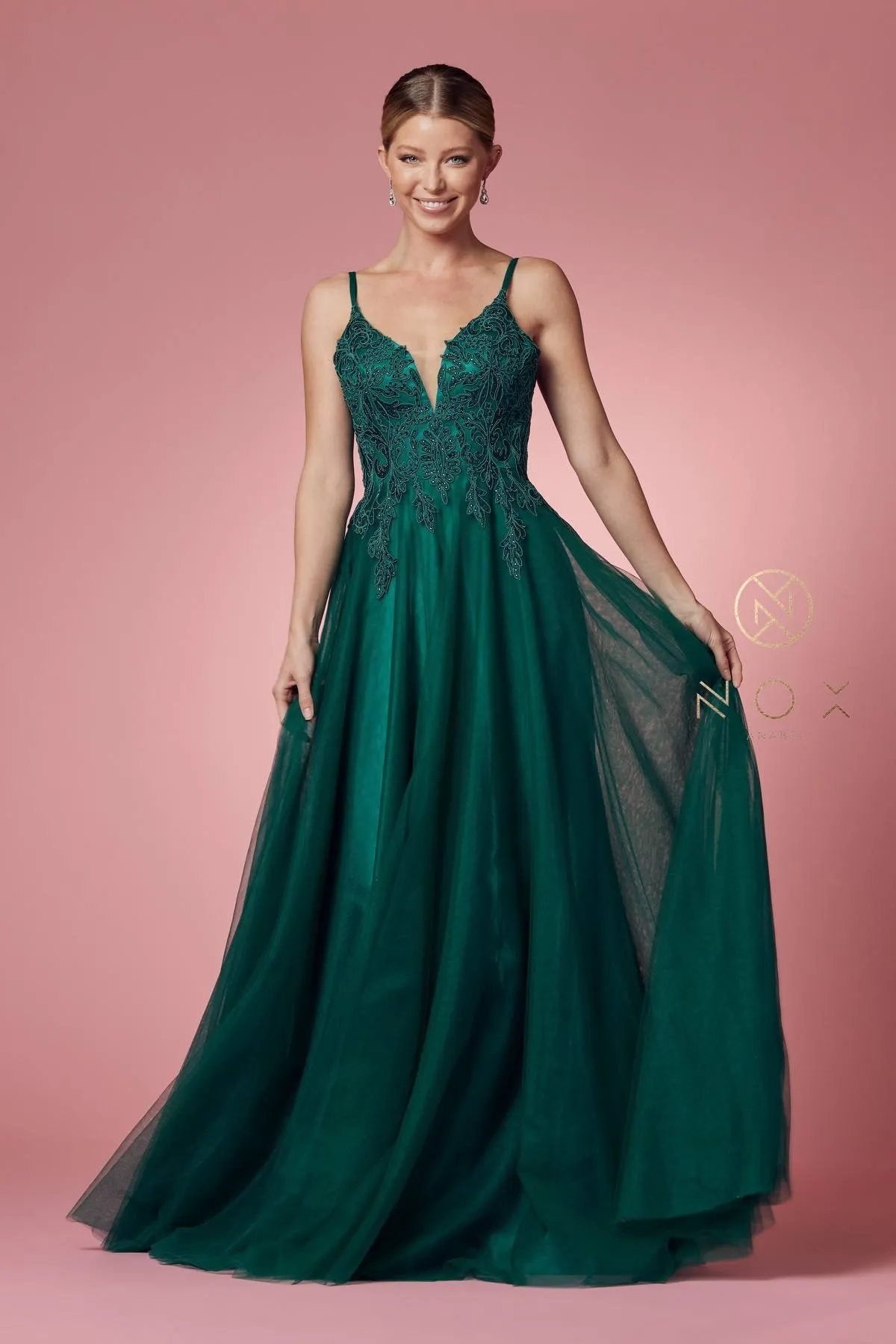 Nox Anabel R357 Plunging Deep V Neckline Leaf Lace Embroidered Gown