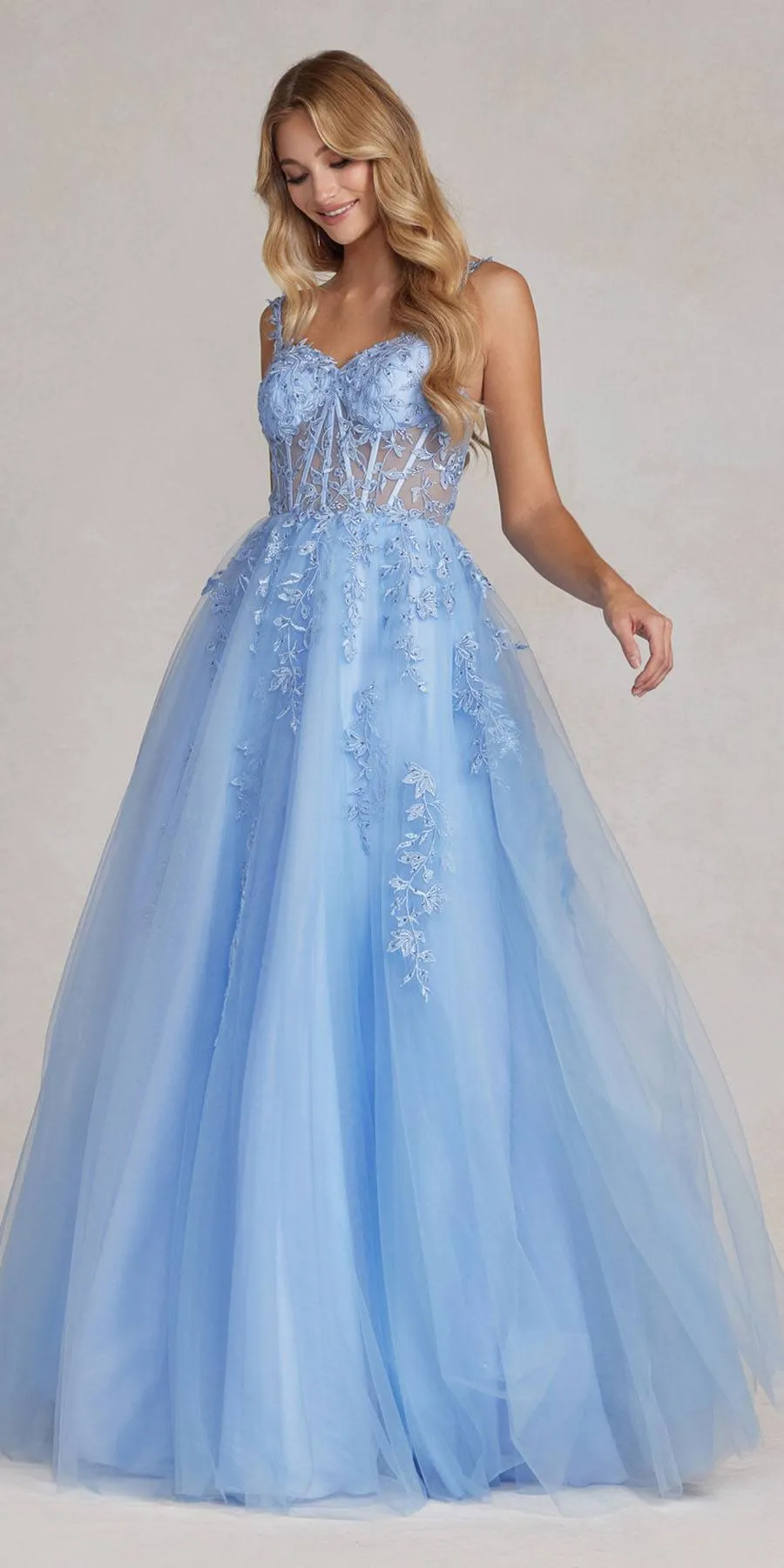 Nox Anabel T1082 Floor Length A-Line Tulle Embroidered Corset Bodice Dress