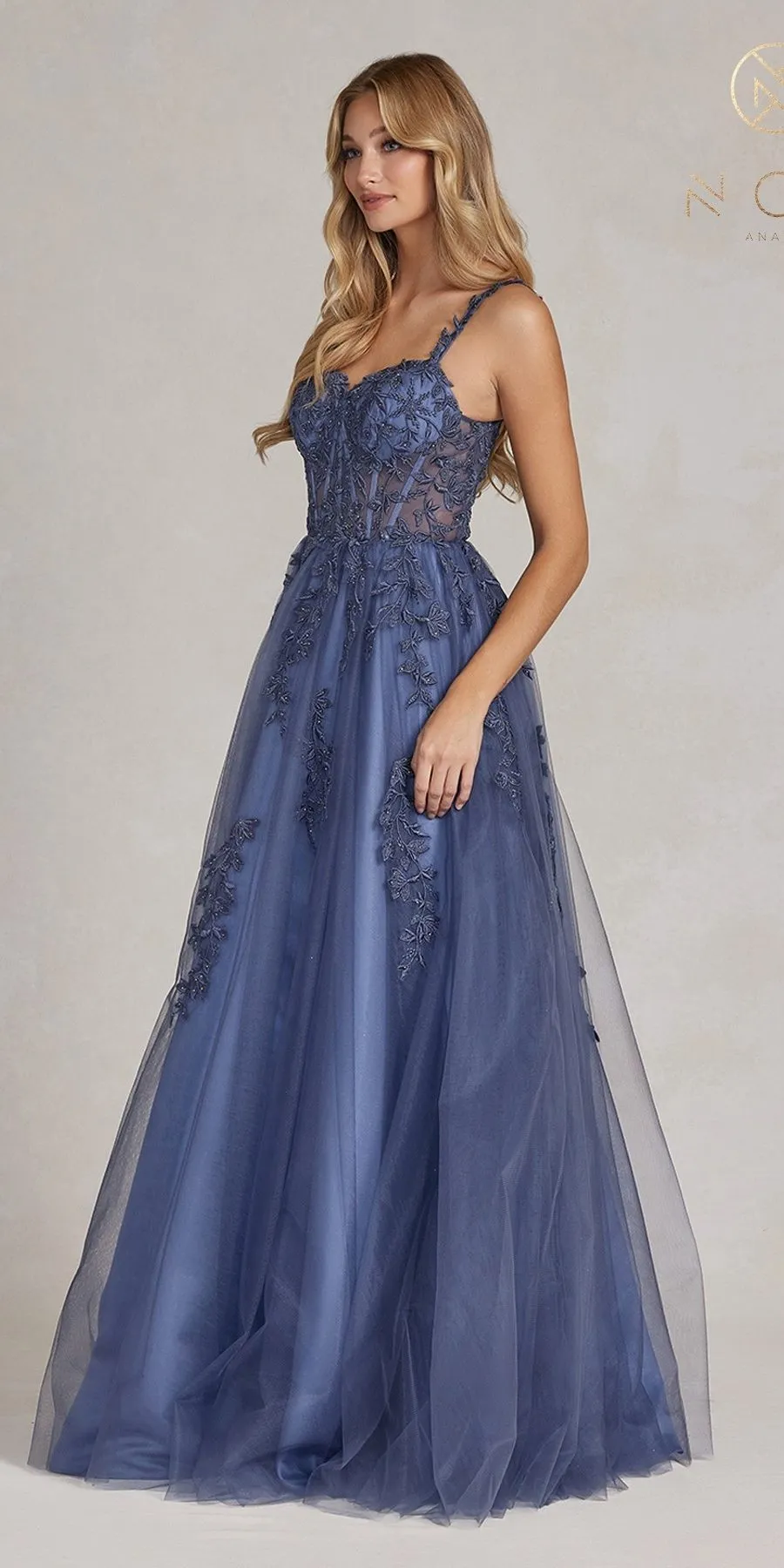 Nox Anabel T1082 Floor Length A-Line Tulle Embroidered Corset Bodice Dress