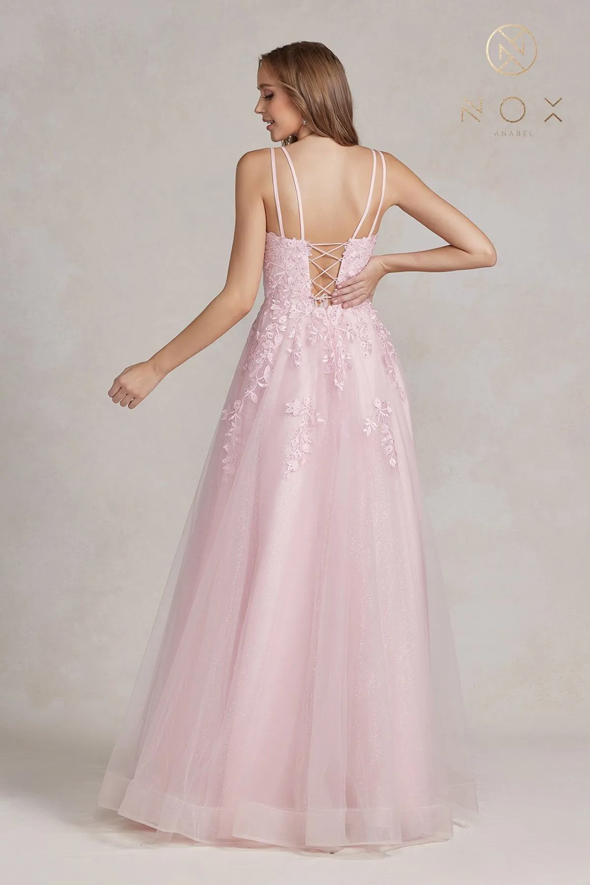 Nox Anabel T1136 A-Line Beaded Embroidered Corset Back Gown
