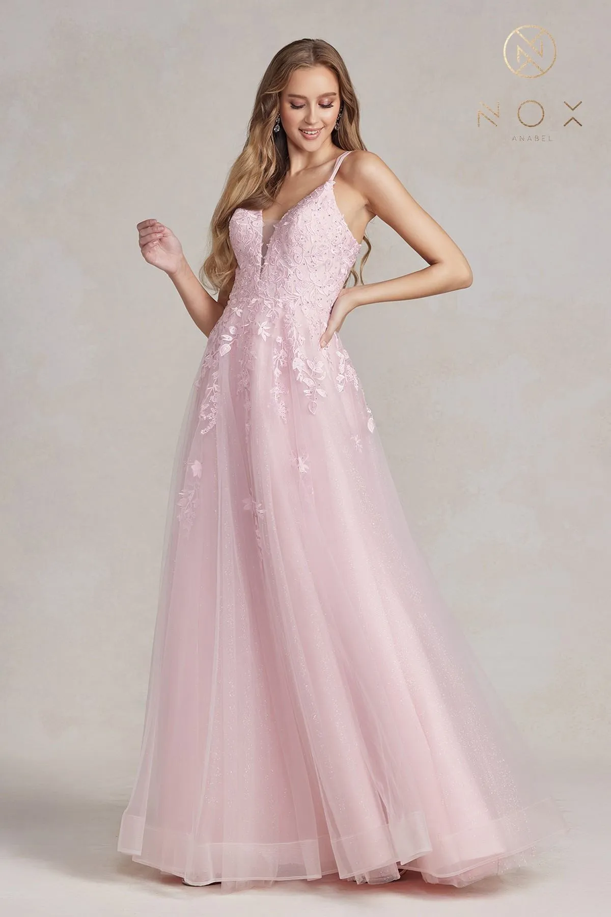 Nox Anabel T1136 A-Line Beaded Embroidered Corset Back Gown