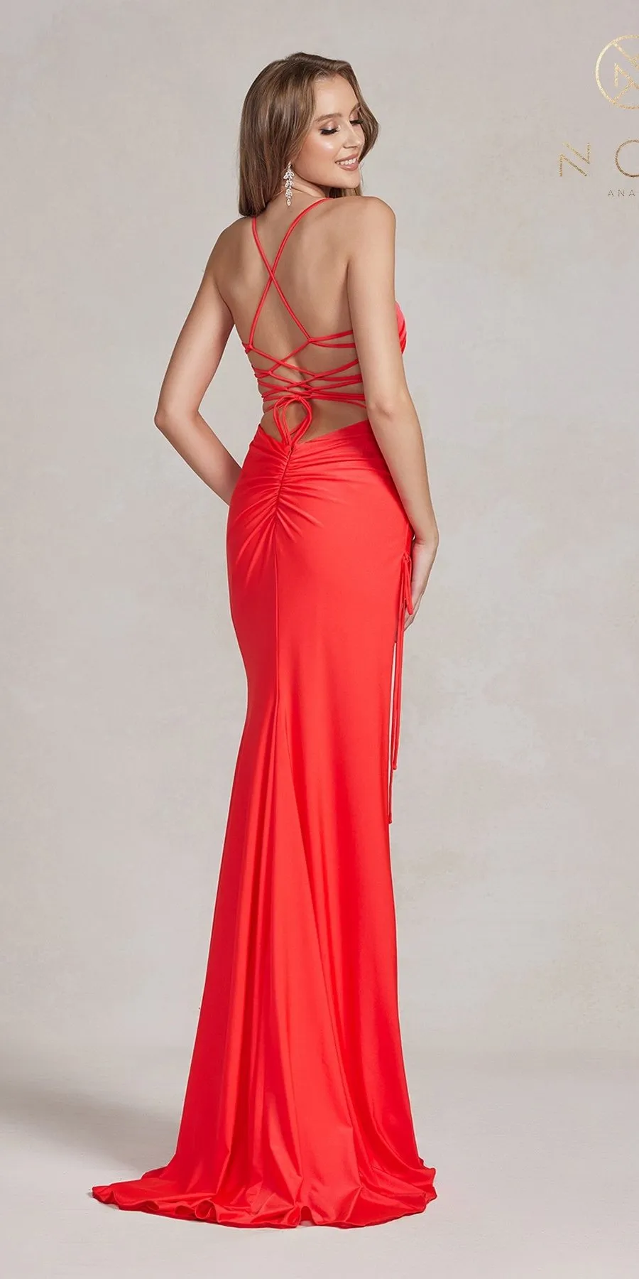 Nox Anabel T1140 Long Sheath Dress with High Leg Slit and Strappy Back