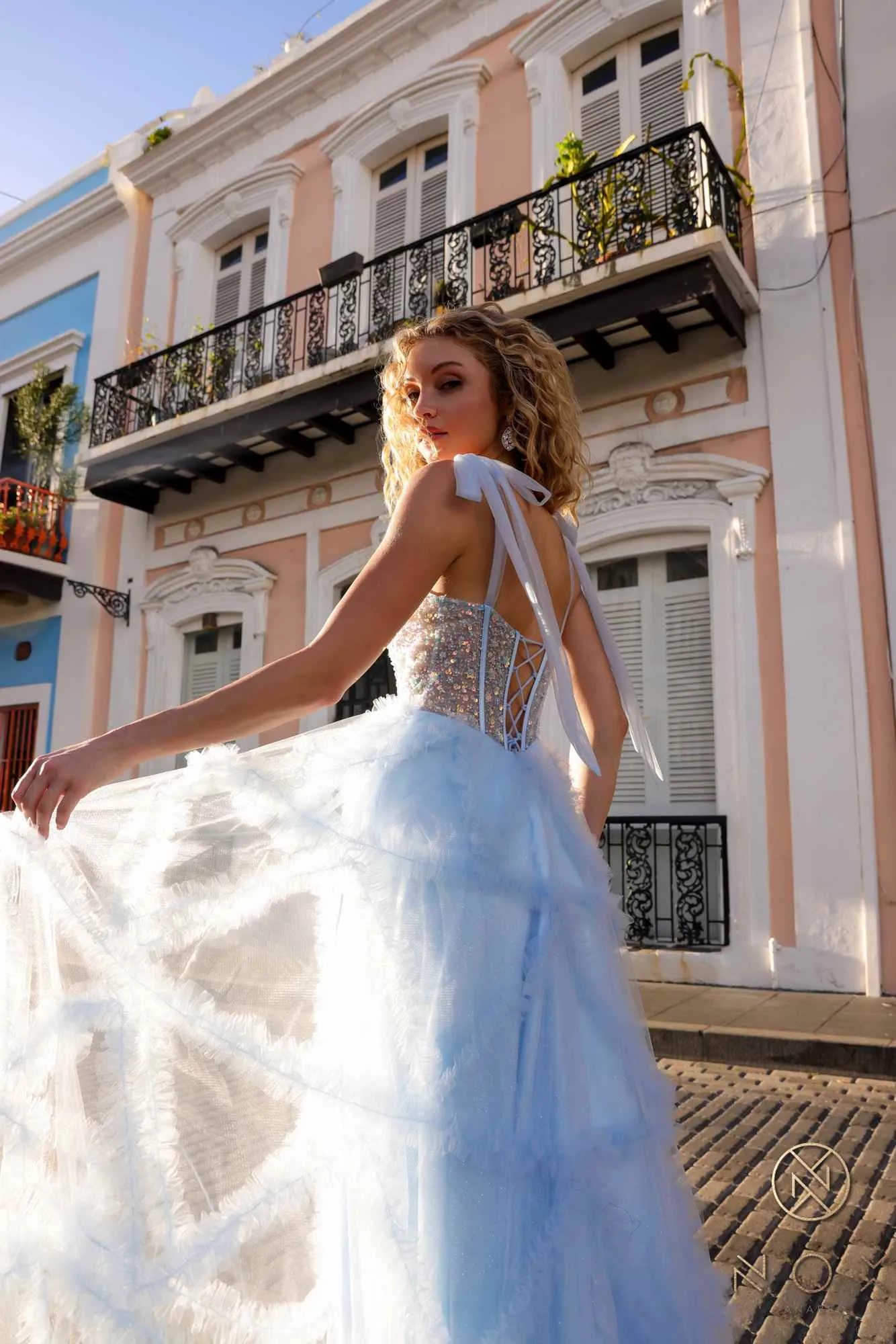 Nox Anabel T1340 Long Ruffled Skirt Boned Bustier Ribbon Strap A-Line Gown