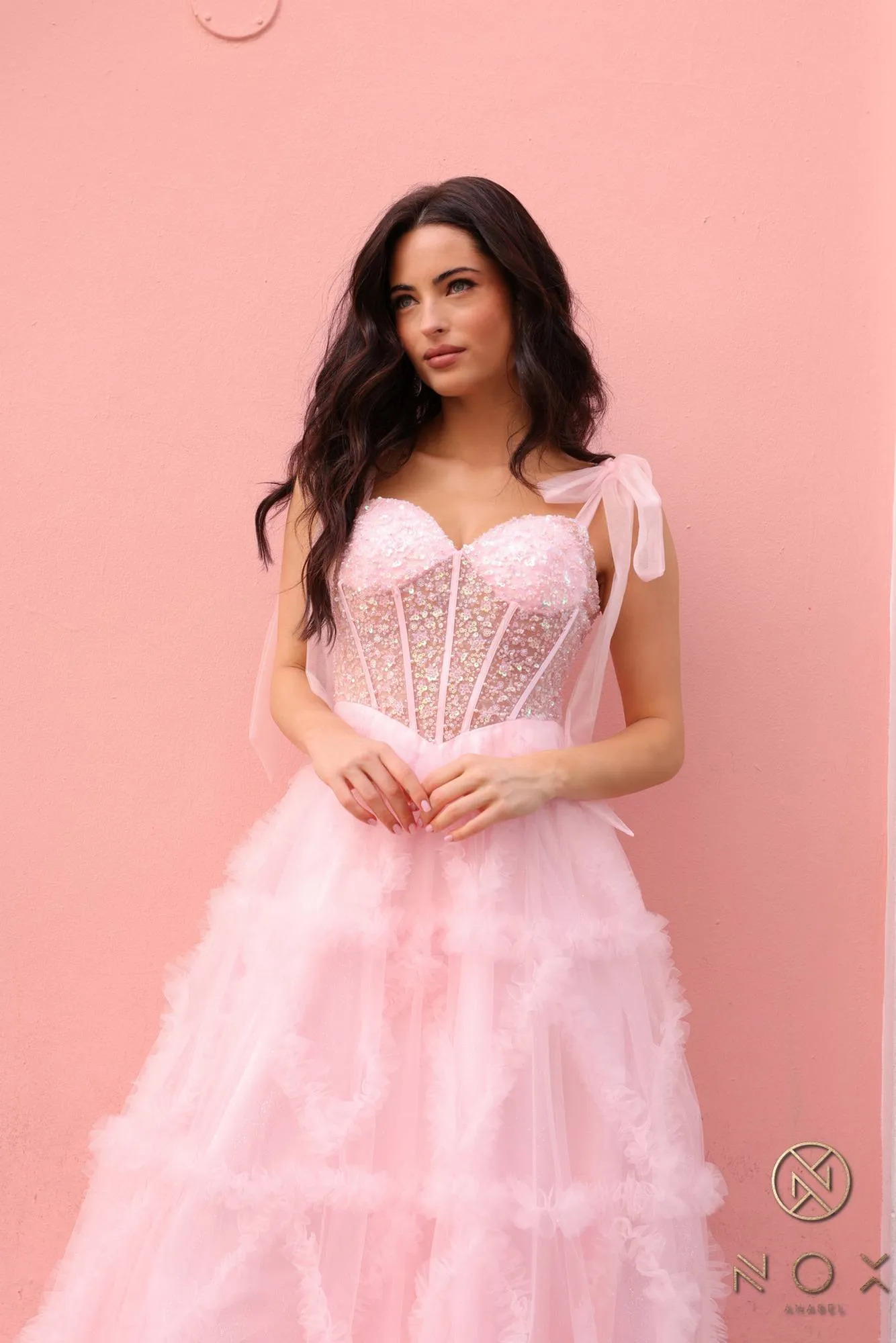 Nox Anabel T1340 Long Ruffled Skirt Boned Bustier Ribbon Strap A-Line Gown