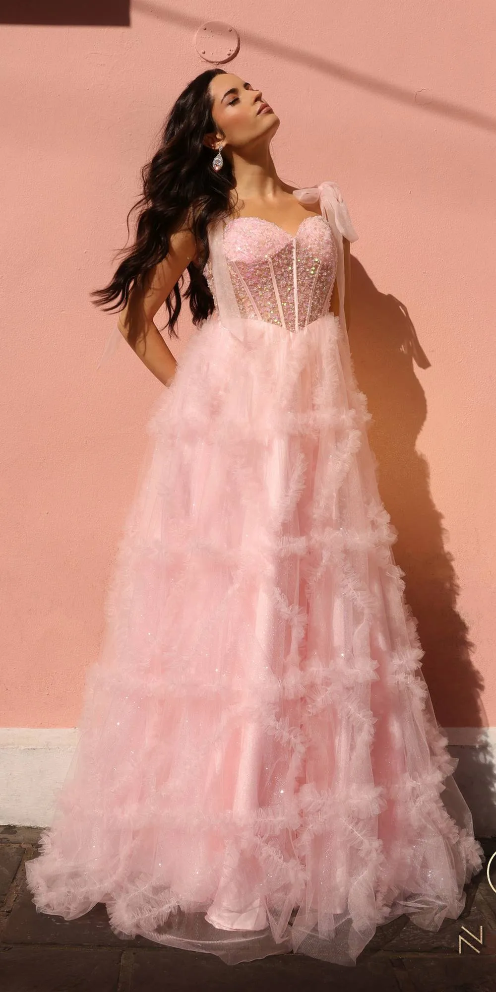 Nox Anabel T1340 Long Ruffled Skirt Boned Bustier Ribbon Strap A-Line Gown