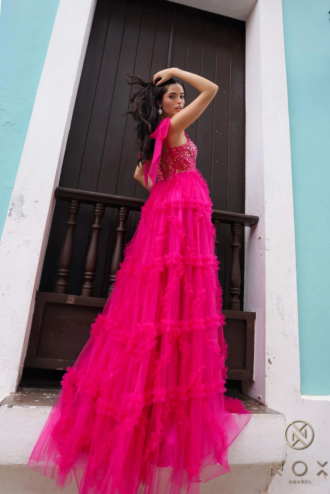 Nox Anabel T1340 Long Ruffled Skirt Boned Bustier Ribbon Strap A-Line Gown