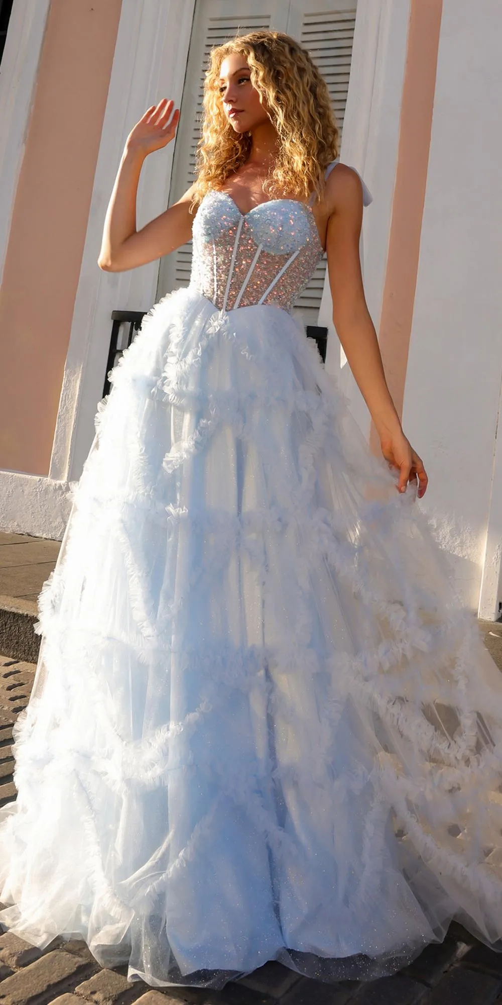 Nox Anabel T1340 Long Ruffled Skirt Boned Bustier Ribbon Strap A-Line Gown