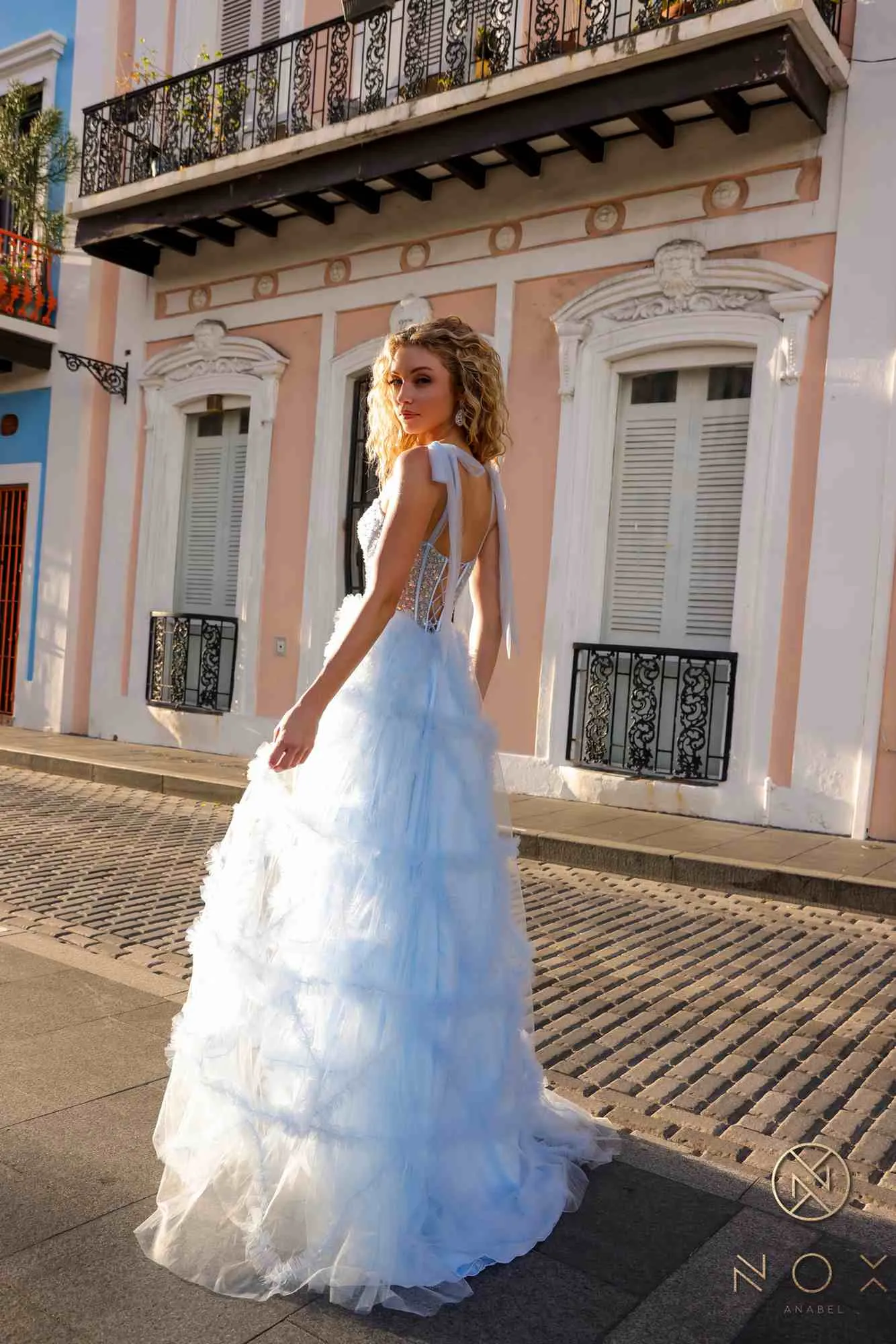 Nox Anabel T1340 Long Ruffled Skirt Boned Bustier Ribbon Strap A-Line Gown