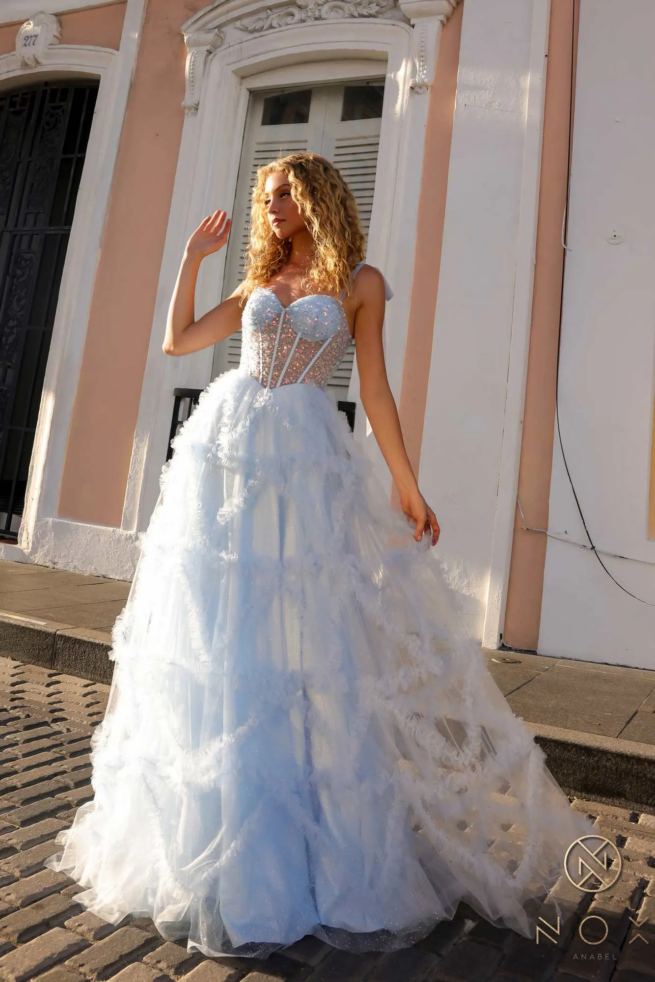Nox Anabel T1340 Long Ruffled Skirt Boned Bustier Ribbon Strap A-Line Gown