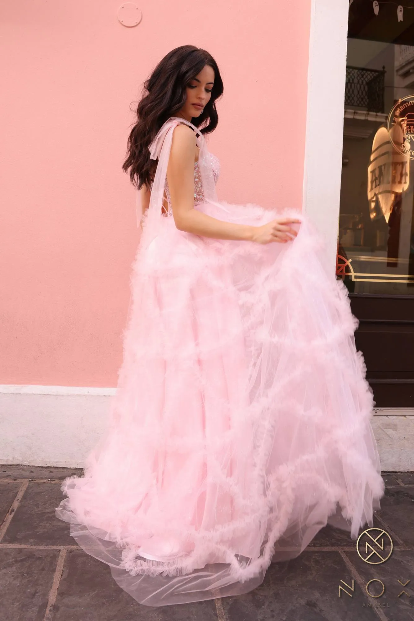 Nox Anabel T1340 Long Ruffled Skirt Boned Bustier Ribbon Strap A-Line Gown