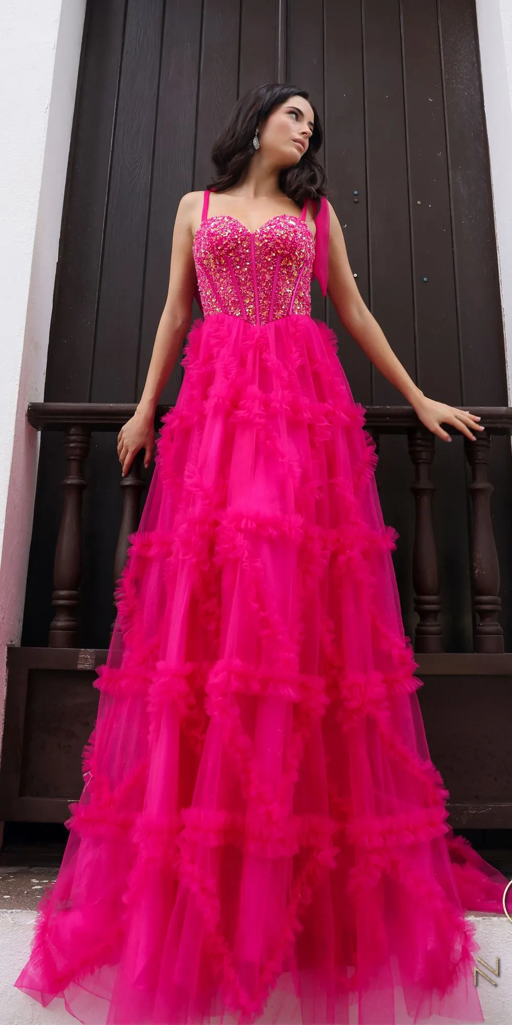 Nox Anabel T1340 Long Ruffled Skirt Boned Bustier Ribbon Strap A-Line Gown