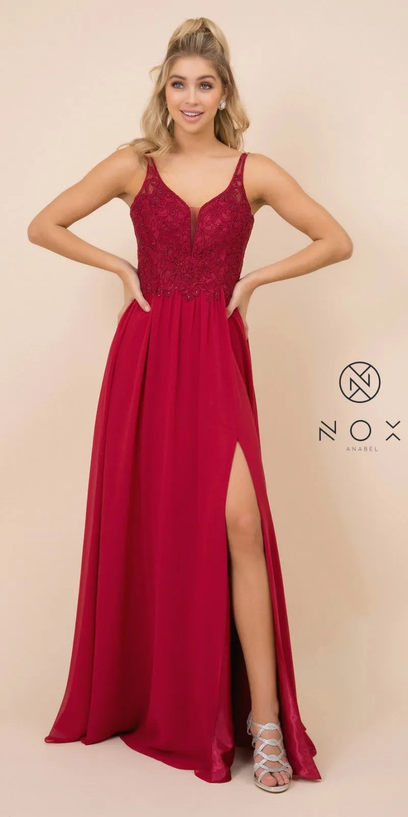 Nox Anabel Y299 A-Line Long Dress with Slit Beaded Bodice