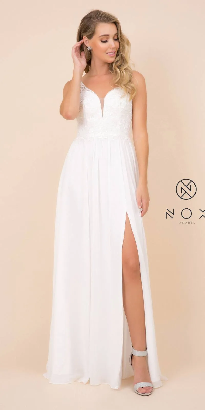 Nox Anabel Y299 A-Line Long Dress with Slit Beaded Bodice