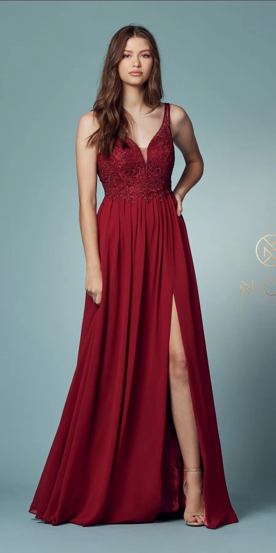 Nox Anabel Y299 A-Line Long Dress with Slit Beaded Bodice