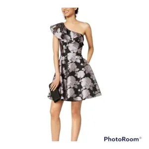 NWOT XSCAPE Black Floral One Shoulder Fit &amp; Flare Dress Cocktail/Evening Size 0